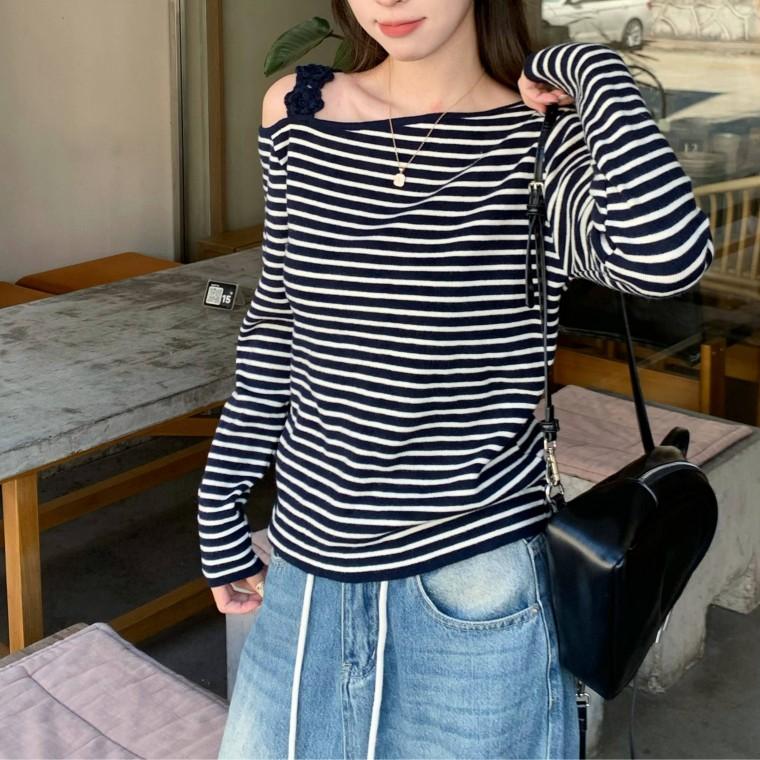 여성 언발 오프숄더 여리 긴팔 니트 티셔츠