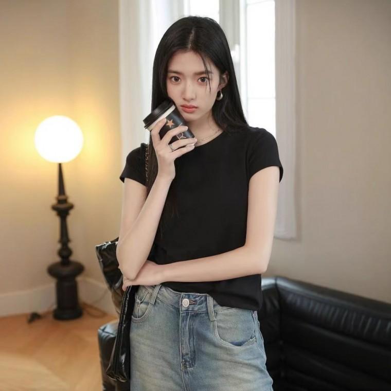 여성 심플 반소매 슬림핏 캡소매 무지 반팔 티셔츠