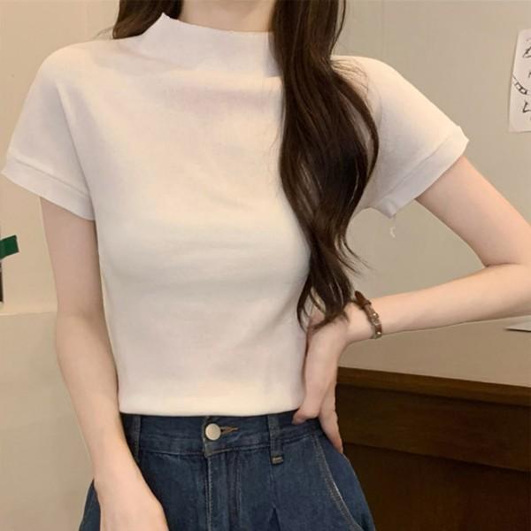 클래식 목폴라 여자 무지 반팔 니트 티셔츠