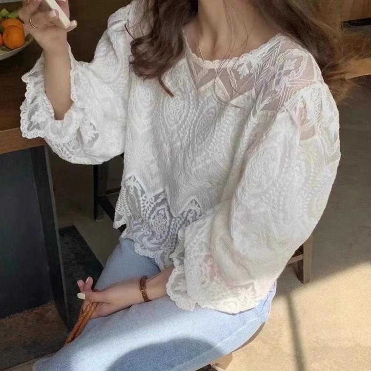 여성 패턴 시스루 레이스 블라우스