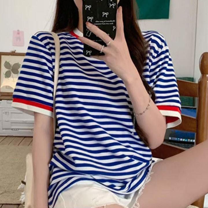 [무무에이티] 여성용 마린걸 줄무늬 반팔 티셔츠