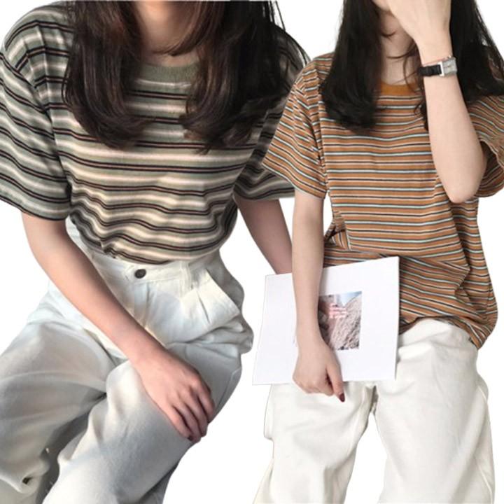 [무무에이티] 여성용 배색 라운드 반팔 티셔츠