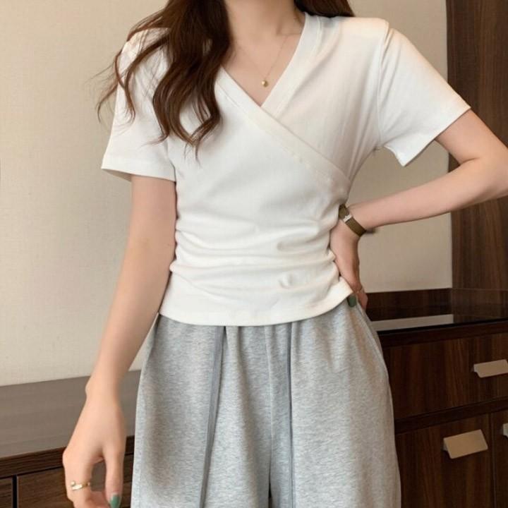 [무무에이티] 여성용 슬림 랩 브이넥 반팔 티셔츠