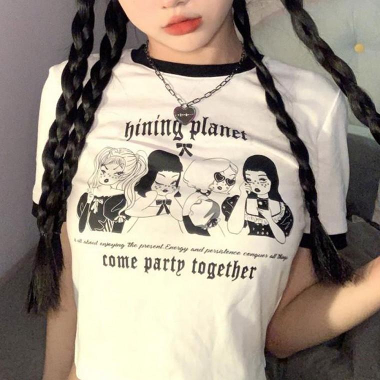 러블리 여자 크롭 반소매 빈티지 프린팅 티셔츠
