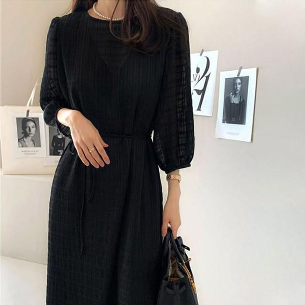 데일리 코지 리본 롱 드레스 텍스쳐 원피스