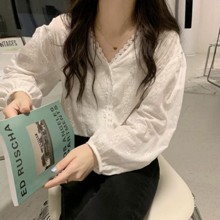 브이넥 레이스 펀칭 블라우스