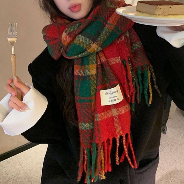 체크 롱 머플러 레드