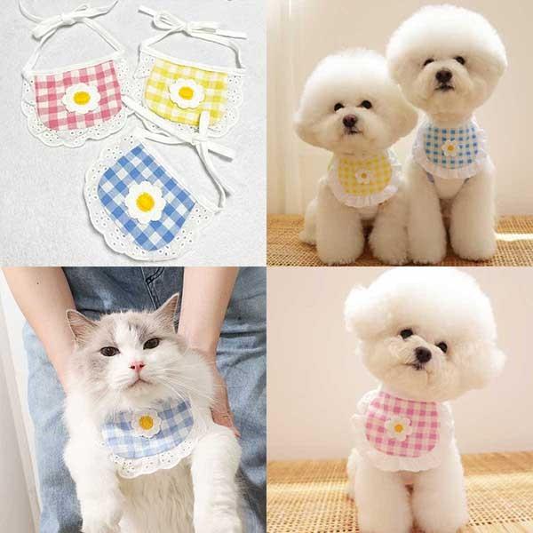 데이지 자수 패치 레이스 체크패턴 강아지 고양이 케이프 목걸이 턱받이