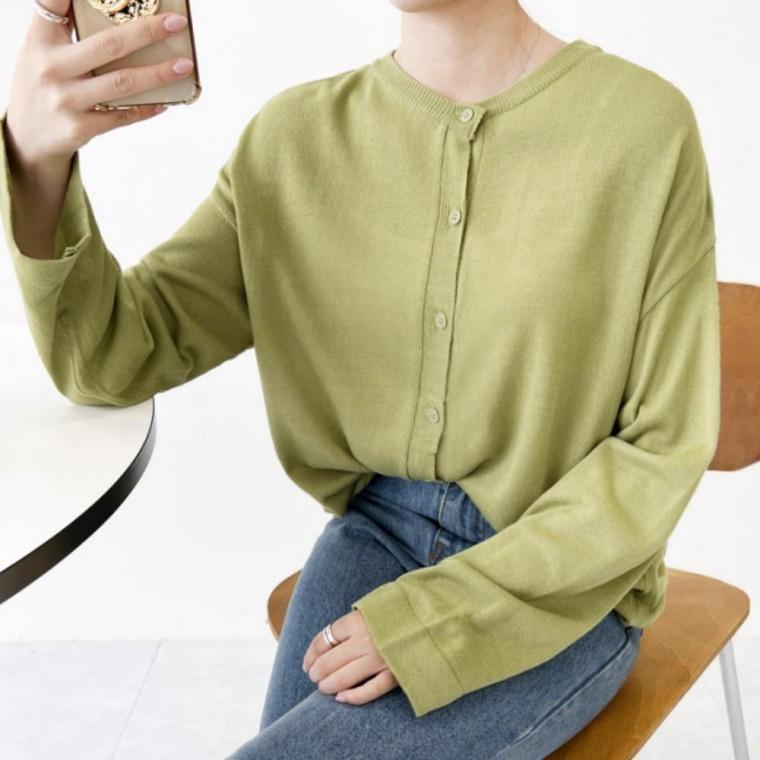 여성 데일리 루즈핏 라운드넥 베이직 단추 가디건