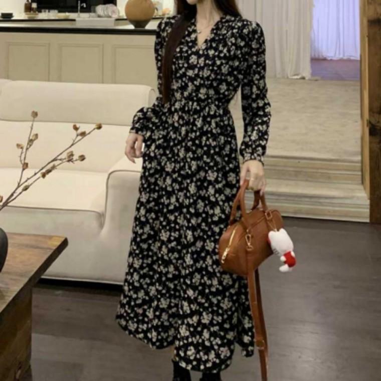 여성 데일리 브이넥 랩스타일 여친룩 플라워 롱 원피스