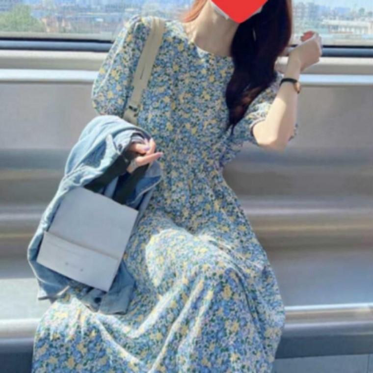 여성 데일리 A라인 여친룩 플라워 반팔 롱 원피스
