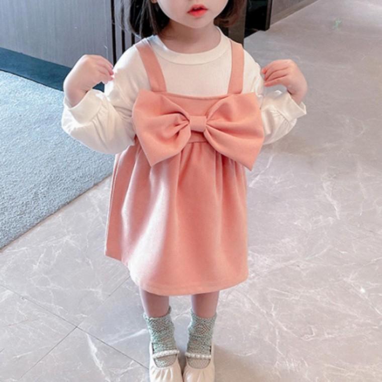 여아 아동 데일리 캐주얼 리본 긴팔 티셔츠 원피스 세트