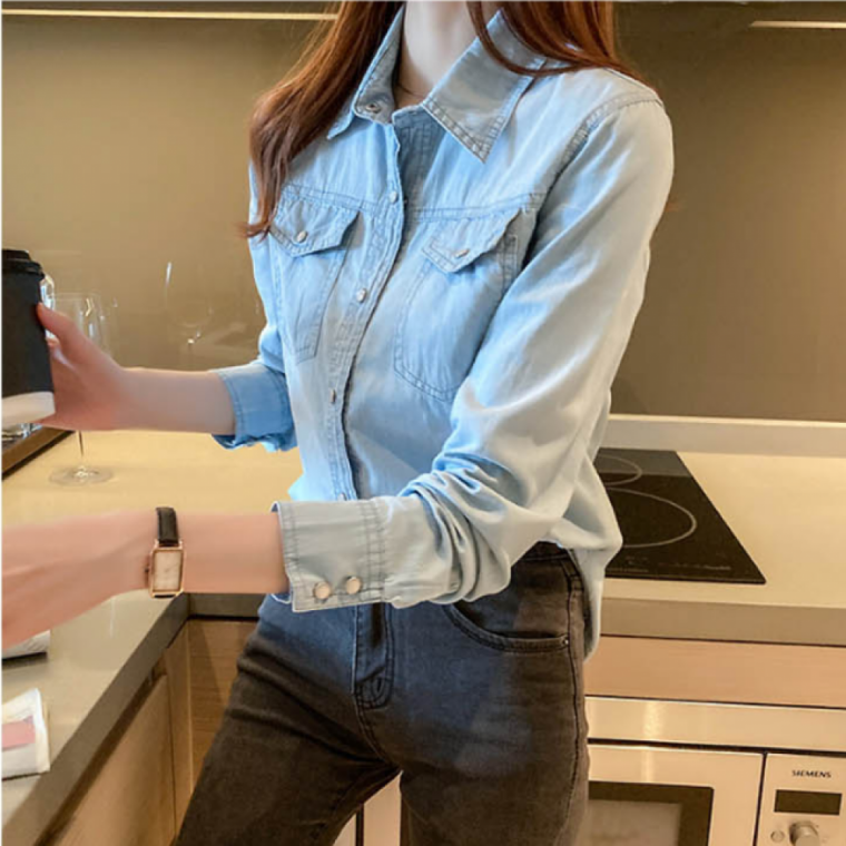 여자데님셔츠 청남방블라우스 봄여름가을 얇은 진연청