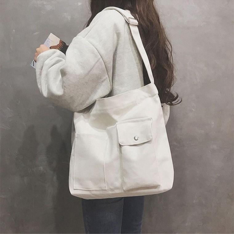 더블 포켓 데일리 에코백 캔버스 가방 에코 면 여성 백 무지 크로스백 가방 캔버스 메신저백