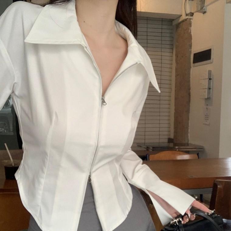 투웨이 지퍼 긴팔 셔츠 봄 가을 여성 화이트 카라