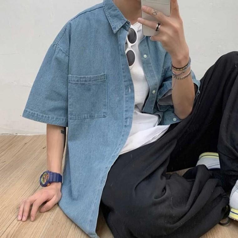 룩 공항 패션 청 데님 반팔 셔츠 코디 남자 여름 여행