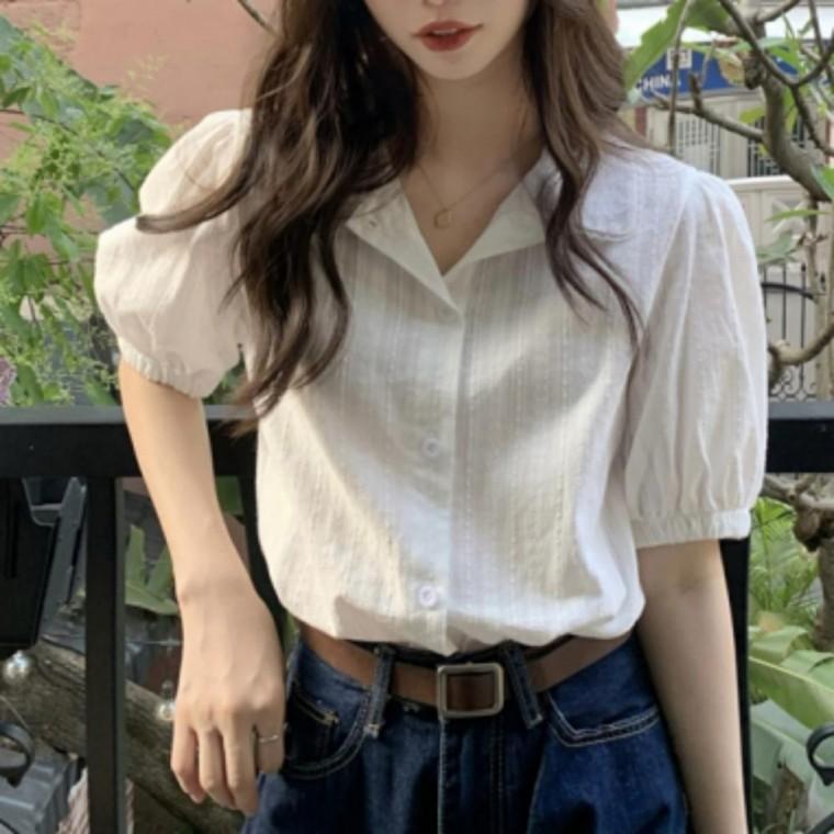 깔끔한 블라우스 퍼프 카라 데일리 화이트 셔츠