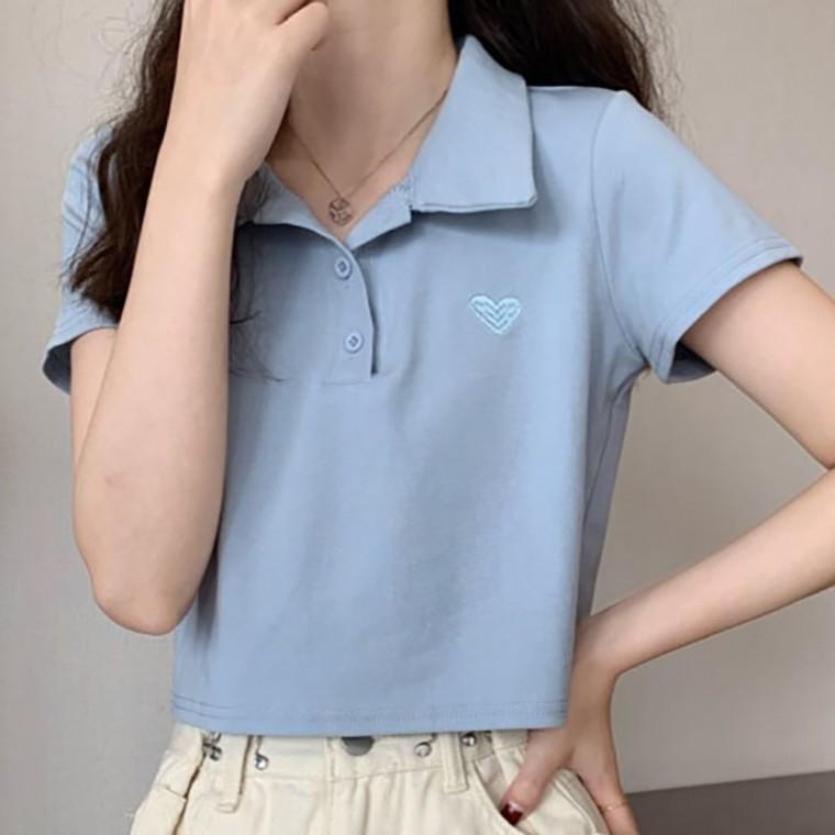 카라반팔티 자수반팔티 하트 자수 카라 캡소매 크롭 반팔티 NF-10