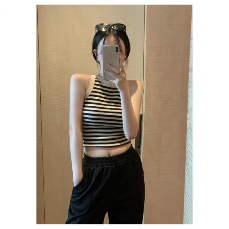 크롭나시 홀터넥나시 홀터넥 스트라이프 크롭탑민소매티 UC-0108