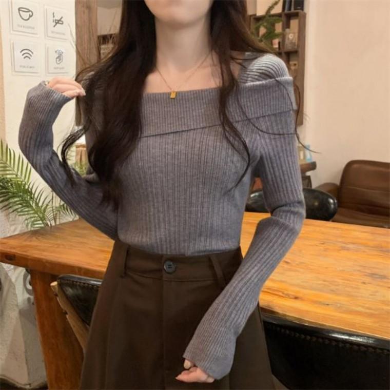 페미닌룩 데일리룩 페미닌 골지 스퀘어넥 니트 SNY-0006