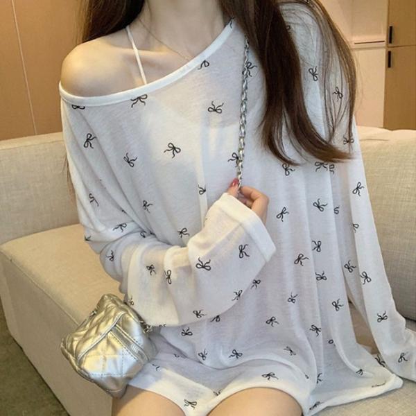 여성 루즈핏 리본 패턴 긴팔 티셔츠 DHH-L47