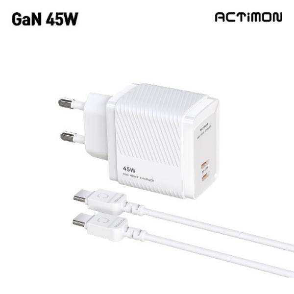 [액티몬] 가정용 GaN PD 45W C+C 2포트 충전기 (CtoC 1.2M 케이블 포함) (M-PD45W-CC-T2-CTC)