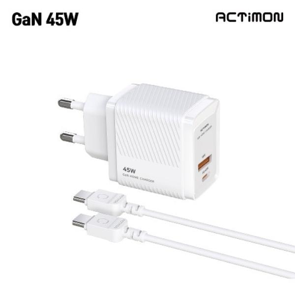 2포트 가정용충전기 액티몬 가정용 GaN PD 45W C USB 2포트 충전기 CtoC 1.2M 케이블 포함 M-PD45W-CU-T2