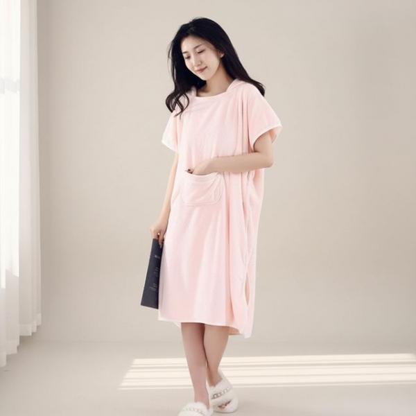 포근한 핑크 홈웨어 수면가운 후드형 목욕가운 원피스 실내복