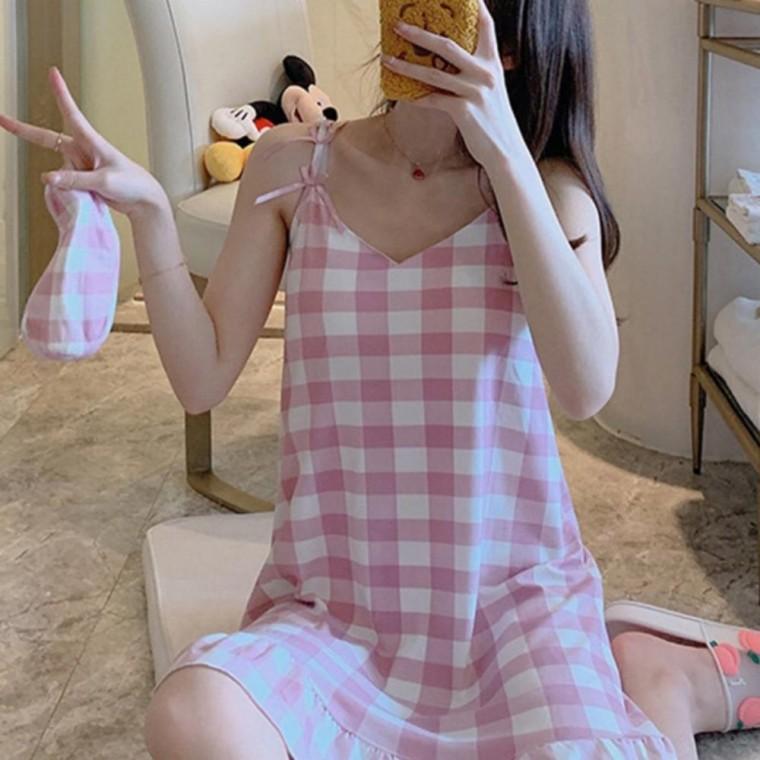 여성 여름 데일리 브라 캡내장 원피스 잠옷 홈웨어 빅체크