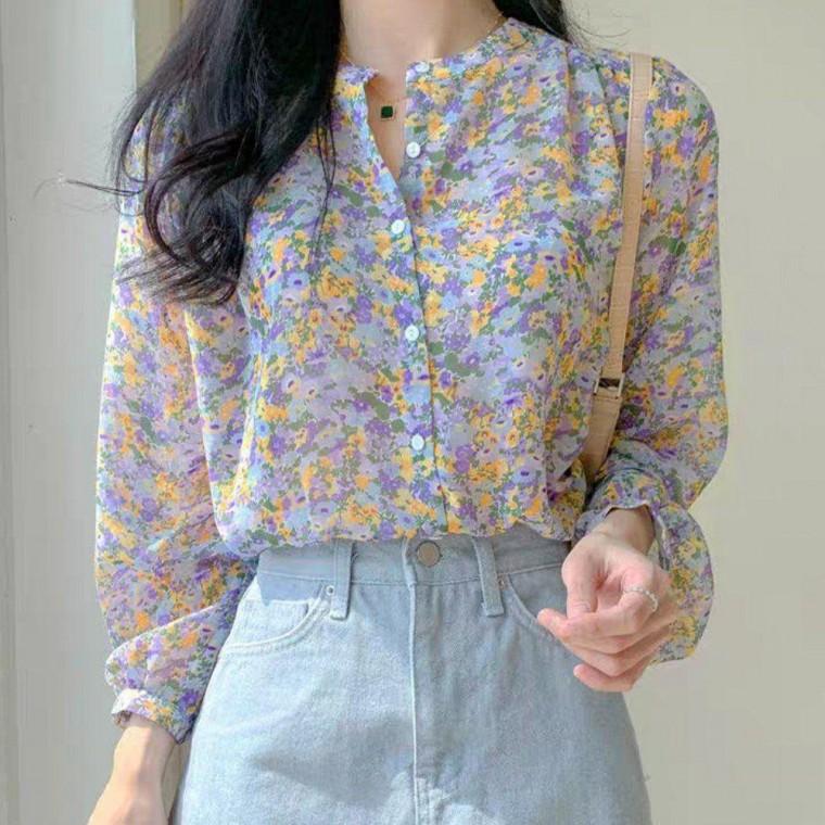 여성 벌룬 소매 꽃 무늬 플라워 블라우스 퍼플 퍼프 퍼프소매 꽃무늬 브라우스 셔츠 예쁜