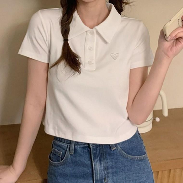 크롭 캐주얼 여름 티셔츠 여성 유행 반팔티 카라 인기