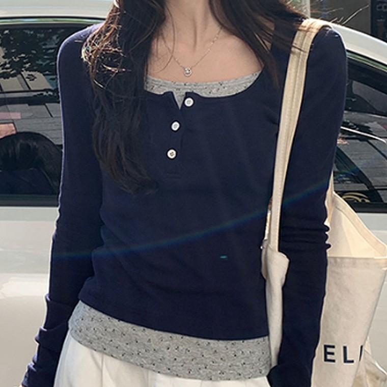 유행 데일리 배색 레이어드 인기 여성 티셔츠 긴팔티