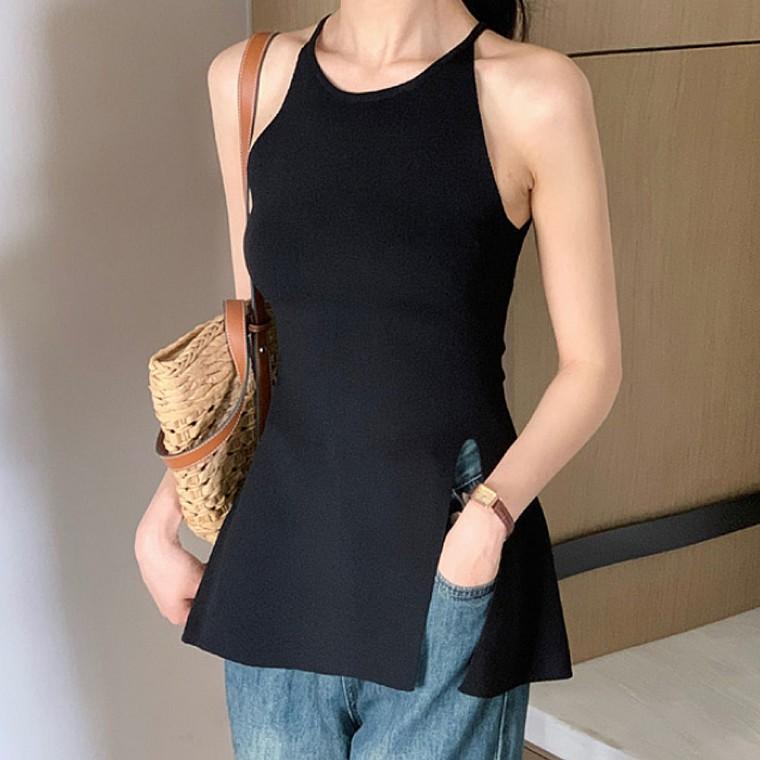 데일리 티셔츠 패션 슬리브리스 홀터넥 롱나시 여름
