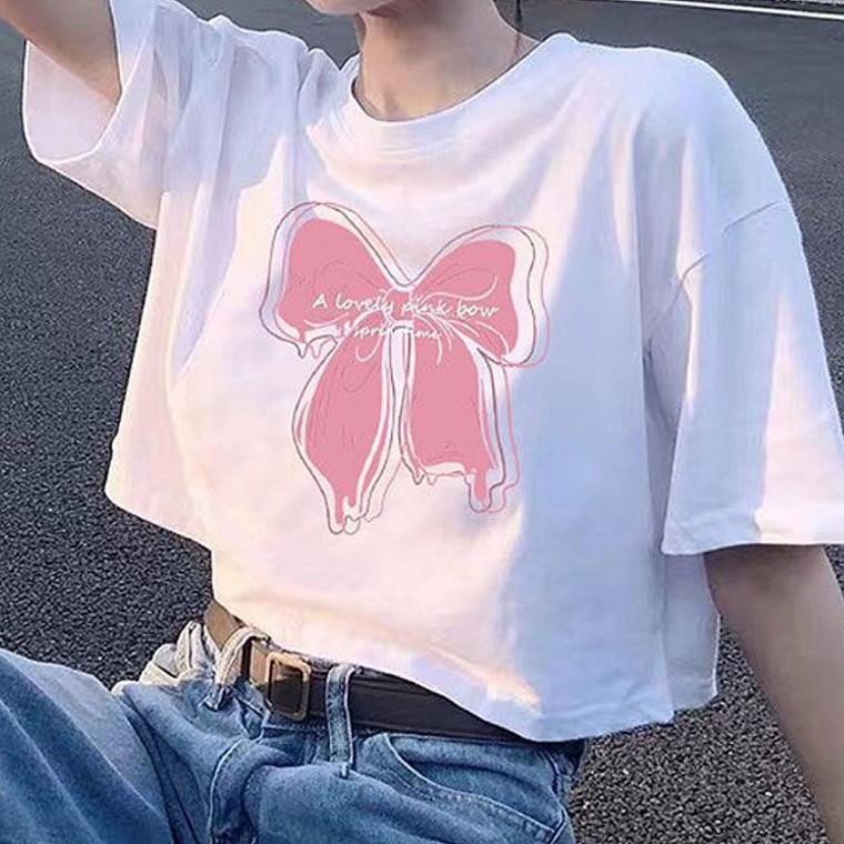 리본 데일리룩 여성 크롭 패션 티셔츠 프린팅 반팔티