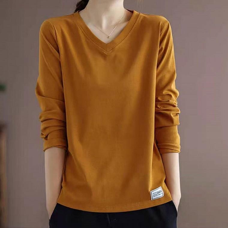 신상 긴팔티 브이넥 티셔츠 인기 데일리룩 여성 라벨