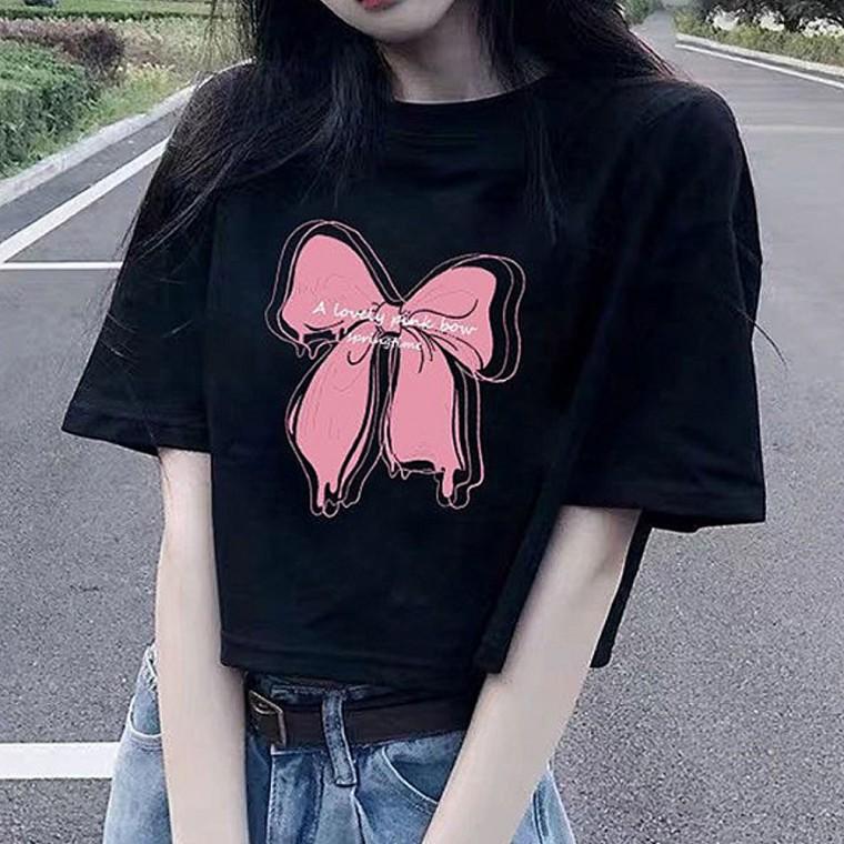 리본 프린팅 여자 티셔츠 크롭 패션 반팔티 캐주얼룩