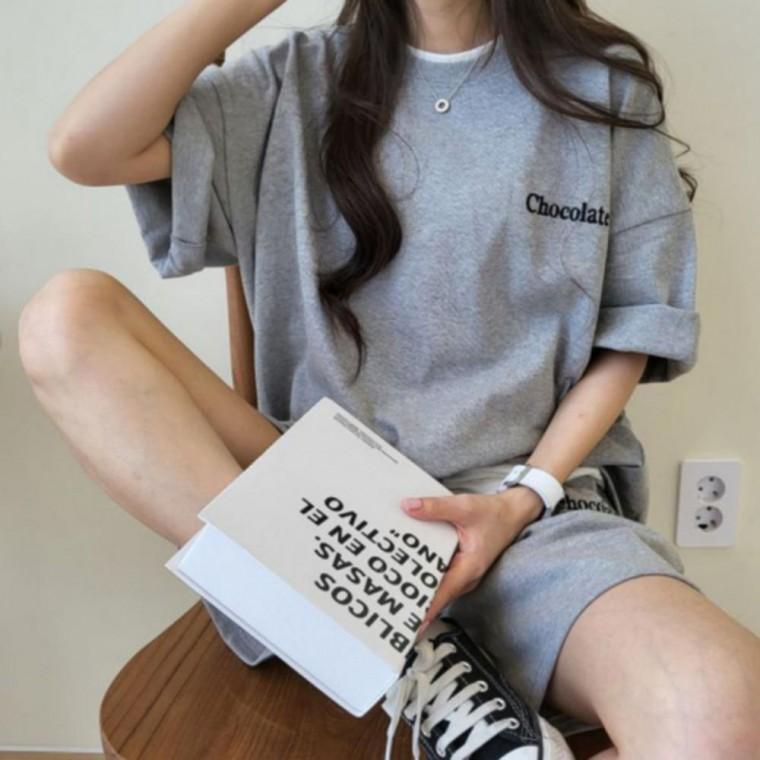 여성 데일리 러블리 캐주얼 반팔 반바지 세트 그레이