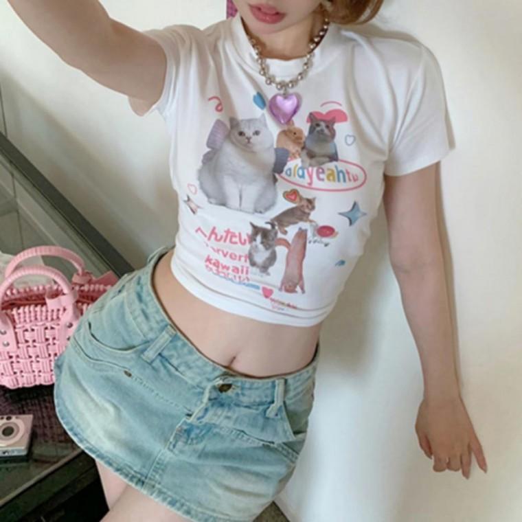 여성 고양이 프린팅 슬림핏 라운드넥 크롭 반팔 티셔츠