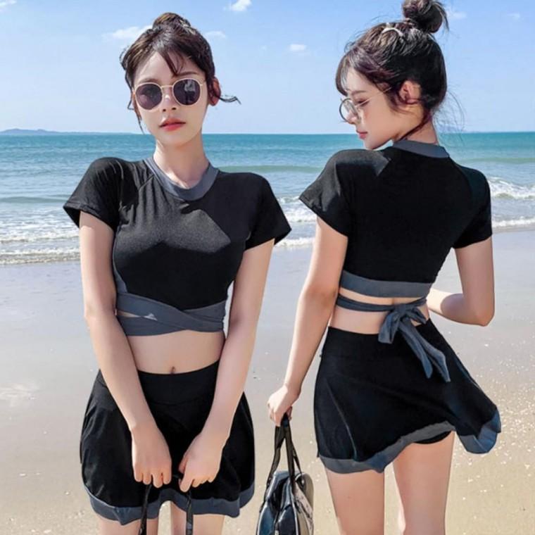 배색 크로스 라인 매듭 투피스 비키니 수영복 원피스 치마 세트 여름 휴가 물놀이