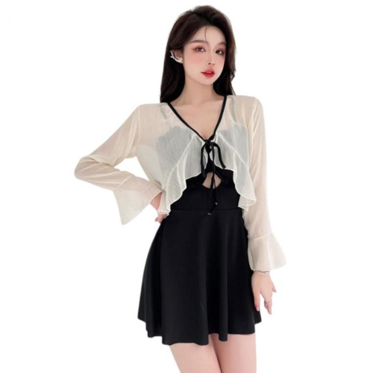 러블리 프릴 매듭 비치 가디건 원피스 비키니 수영복 치마 세트 비키니 여름 휴가 물놀이