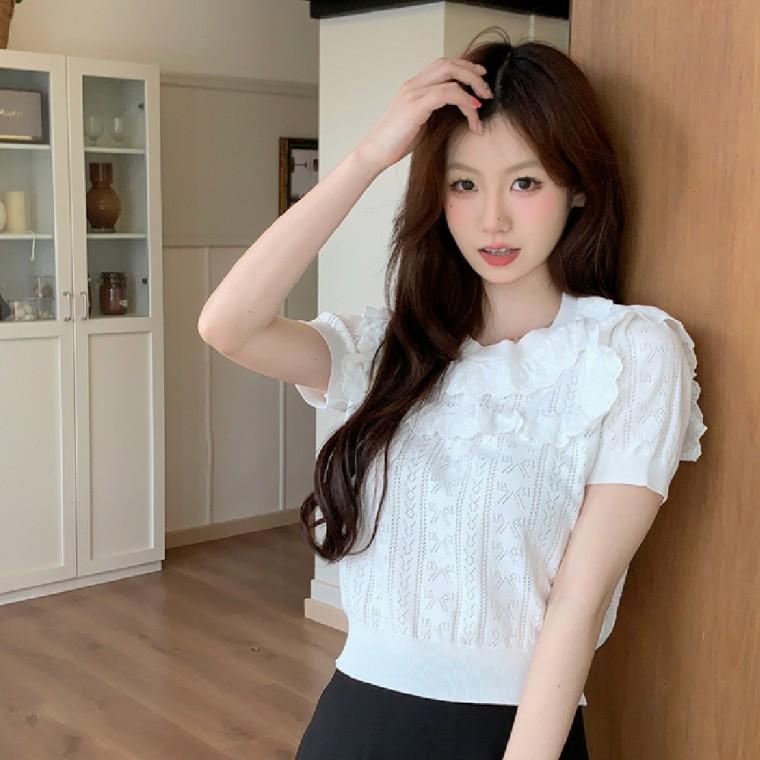 여성 캐주얼 프릴넥 여름 반팔 니트