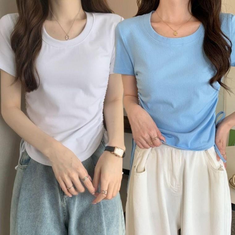 발레코어 여자 라운드 셔링 크롭 반팔 티셔츠 리본티 U넥반팔 흰티셔츠 세미크롭티셔츠 실켓반팔