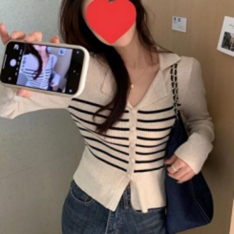 여성 데일리 브이넥 세미크롭 골지 니트 카라 긴팔 가디건