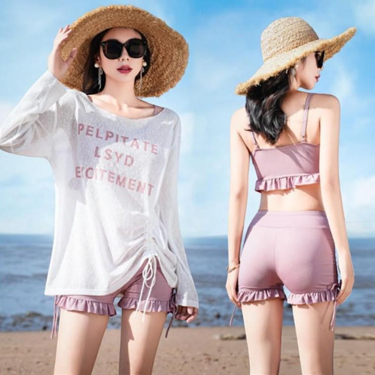 스포티 레터링 커버업 프릴 3피스 수영복 비키니 모노키니 바지 세트