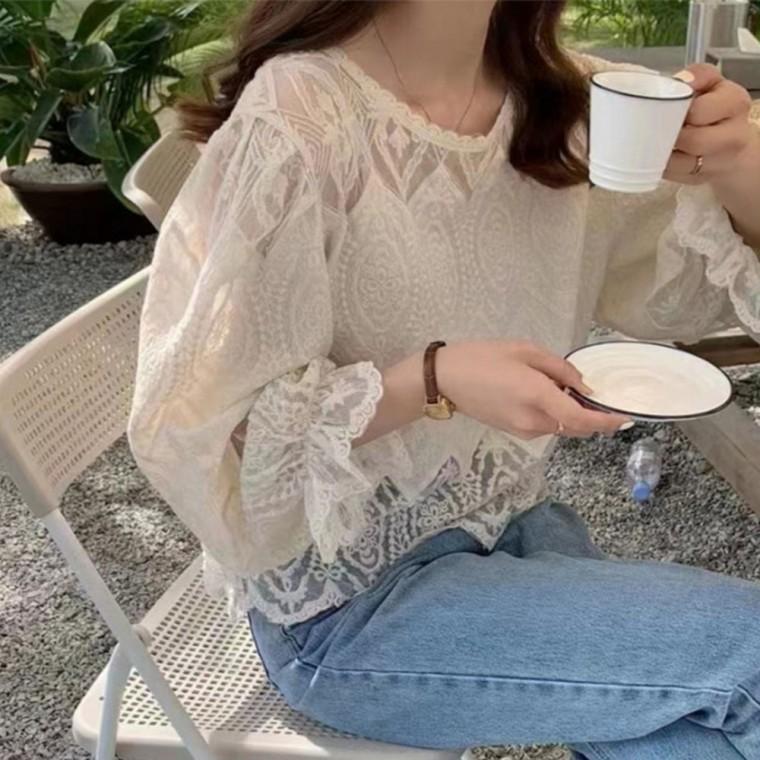 퍼프소매 여자 긴팔 화이트 시스루 블라우스 레이스