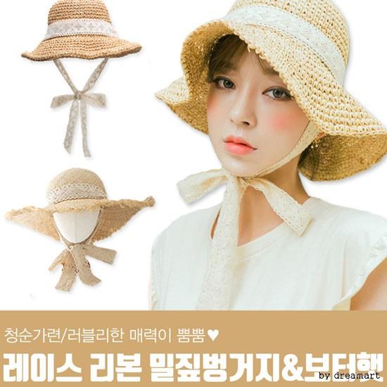 레이스 리본 밀짚벙거지/왕골모자/파나마/라피아