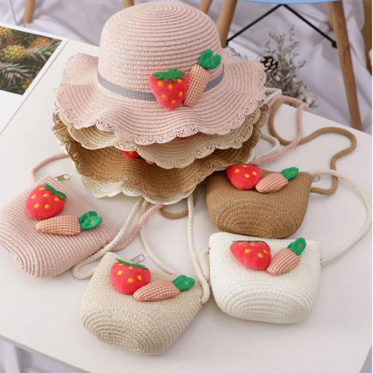 딸기 와펜 아동용 왕골 모자가방 /밀짚모자/왕골