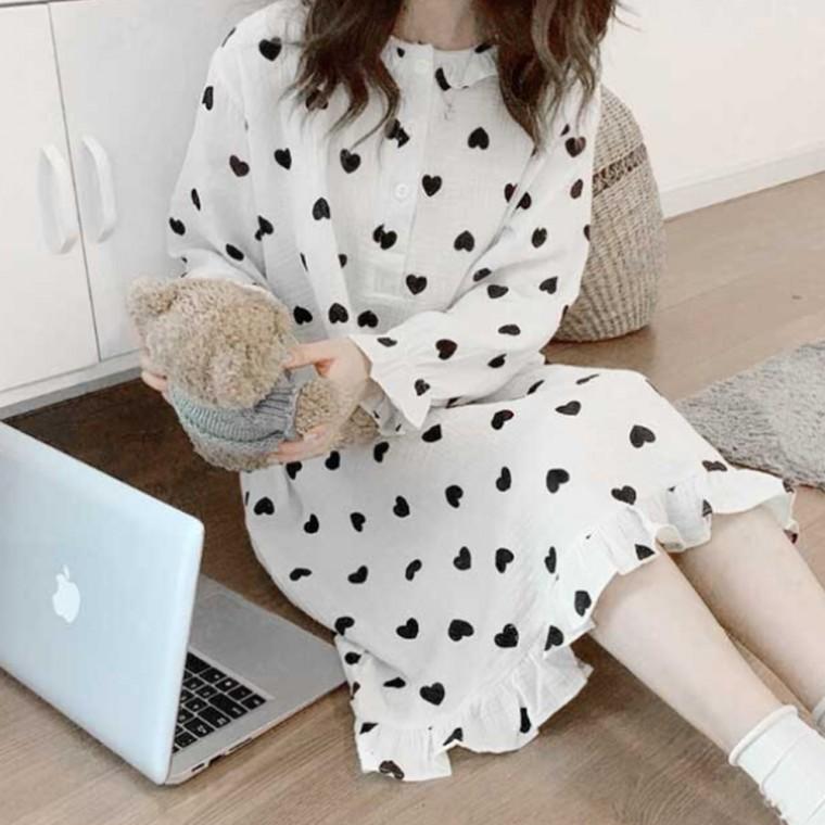 여성 여자 하트 패턴 원피스 잠옷 홈웨어 실내복 데일리 캐주얼 러블리 다용도 멀티 패션 파티 소품 용품