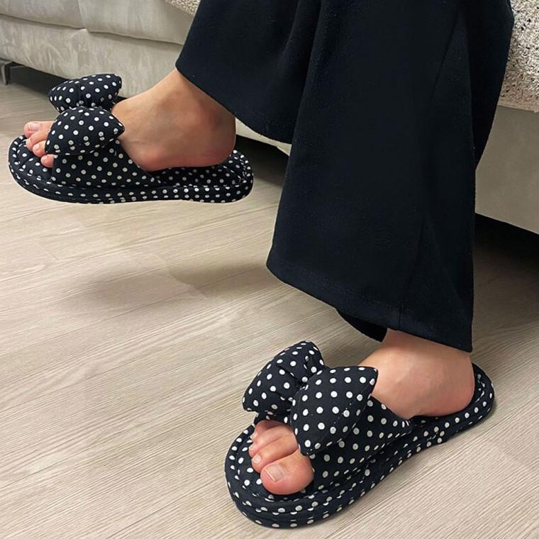 DDA 거실화 땡땡이 리본 소음방지 쿠션 실내화 (블랙)