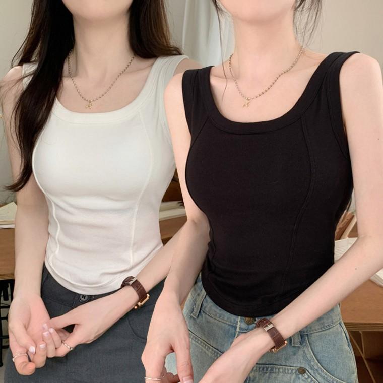 여성 U넥 디자인 캡 내장 투라인 포인트 러닝탑